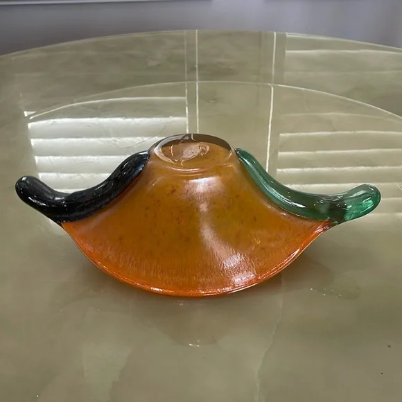 Handmade Blown Glass Vase Candy Bowl Orange Iridescent